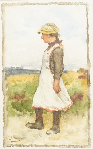 English School, Study of a young girl, monogrammed WL, watercolour, 18 x 11cm